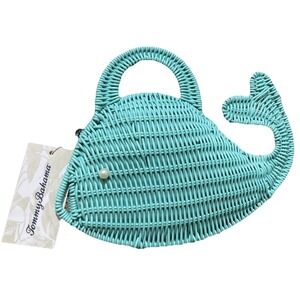 Tommy Bahama Wicker Woven Aqua Whale Purse Clutch w/  Silver Crossbody Strap NWT